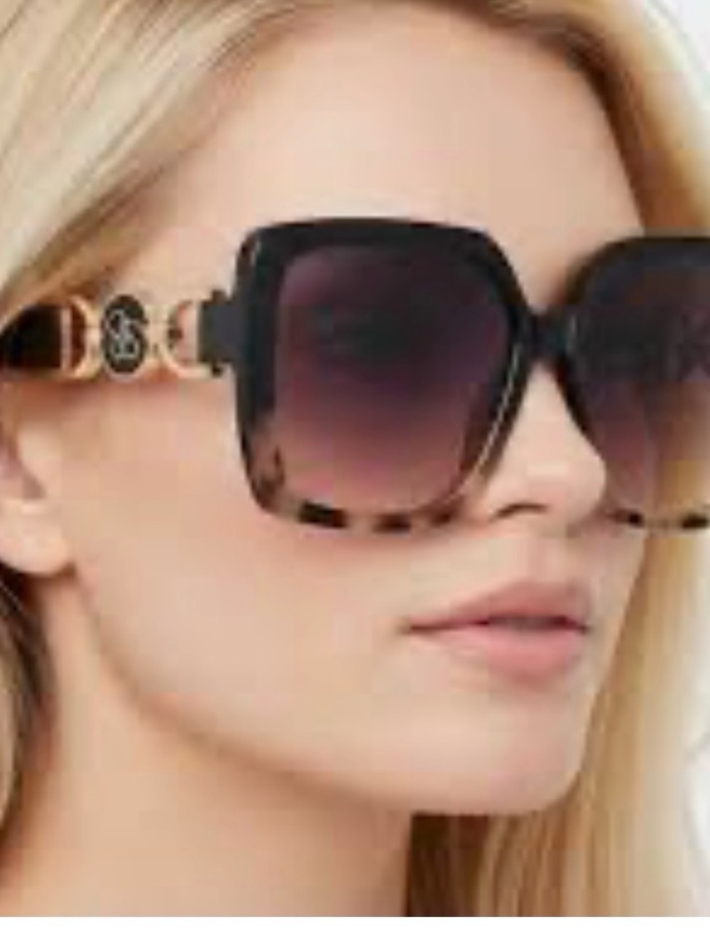 Designer-Inspired Black Tortoiseshell Square Sunglasses with Gold Accents